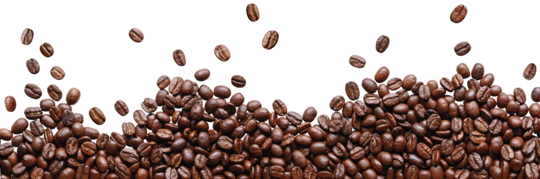 Roasted coffee beans in a placer, a lot of beans lies and levitates, isolated, on a white background