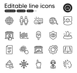 Set of Business outline icons. Contains icons as Gps, Market and Shipping support elements. Diagram chart, Ice cream, Eye protection web signs. Restroom, Cogwheel, Seo internet elements. Vector