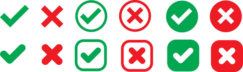 Green check mark, red cross mark icon set. Isolated tick symbols, checklist signs, approval badge. Flat and modern checkmark design, vector illustration	