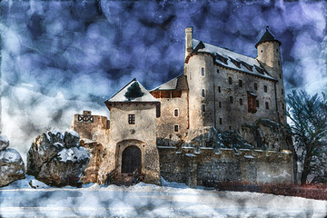 Akwarela: zamek w Bobolicach (Jura Krakowsko-Częstochowska) zimą - obrazy, fototapety, plakaty
