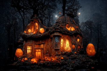 Fototapeta na wymiar Halloween pumpkin house with smoke