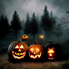 Carved pumpkins in dark forest. Spooky concept.Digital art - obrazy, fototapety, plakaty