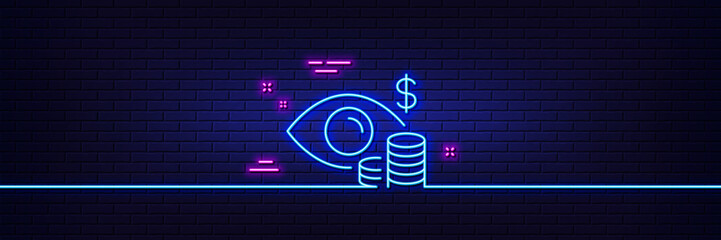Neon light glow effect. Business vision accounting line icon. Financial eye sign. Money investment symbol. 3d line neon glow icon. Brick wall banner. Business vision outline. Vector