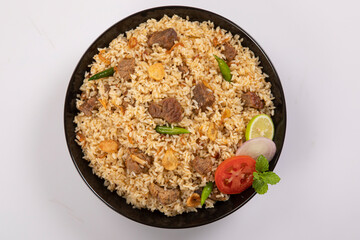Kachchi Biriyani, chicken biriyani, prawn biriyani, Dhaka style biriyani, plain polau cooked by aromatic rice or chinigura rice isolated on white background.