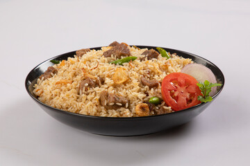 Kachchi Biriyani, chicken biriyani, prawn biriyani, Dhaka style biriyani, plain polau cooked by aromatic rice or chinigura rice isolated on white background.