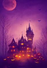 Digital art of a castle in a foggy Halloween night.