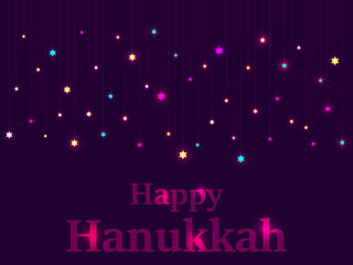 Happy Hanukkah. Hanging twinkling star of David with bright lights for the Jewish holiday. Design for greeting card, banner and poster. Vector illustration