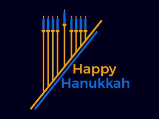 Happy Hanukkah. Menorah with nine Hanukkah candles is a symbol of the Jewish holiday. Golden menorah with blue candles. Design for greeting card, banner and poster. Vector illustration