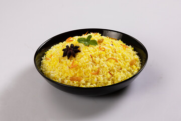 Kachchi Biriyani, chicken biriyani, prawn biriyani, Dhaka style biriyani, plain polau cooked by aromatic rice or chinigura rice isolated on white background.
