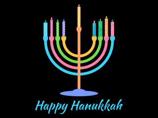 Happy Hanukkah. Menorah with nine candles is a symbol of the Jewish holiday. Multicolored menorah with colorful candles. Design for greeting card, banner and poster. Vector illustration