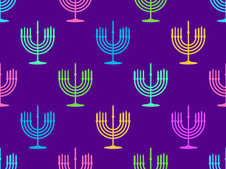 Fototapeta na wymiar Menorah with nine Hanukkah candles seamless pattern. Happy Hanukkah. Multicolored menorahs with candles on a purple background. Design for greeting card, banner and poster. Vector illustration