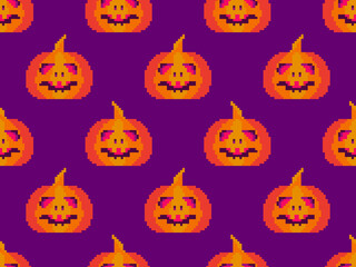 Pixelated pumpkins with carved faces for Halloween seamless pattern. 8 bit Halloween pumpkins in pixel art style. Design for printing on fabric, wrapping paper and decorations. Vector illustration