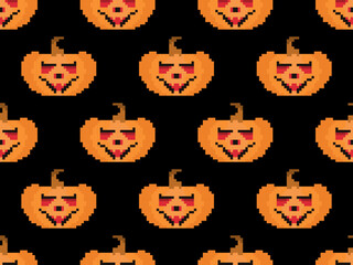 Pixelated pumpkins with carved faces for Halloween seamless pattern. 8 bit Halloween pumpkins in pixel art style. Design for printing on fabric, wrapping paper and decorations. Vector illustration