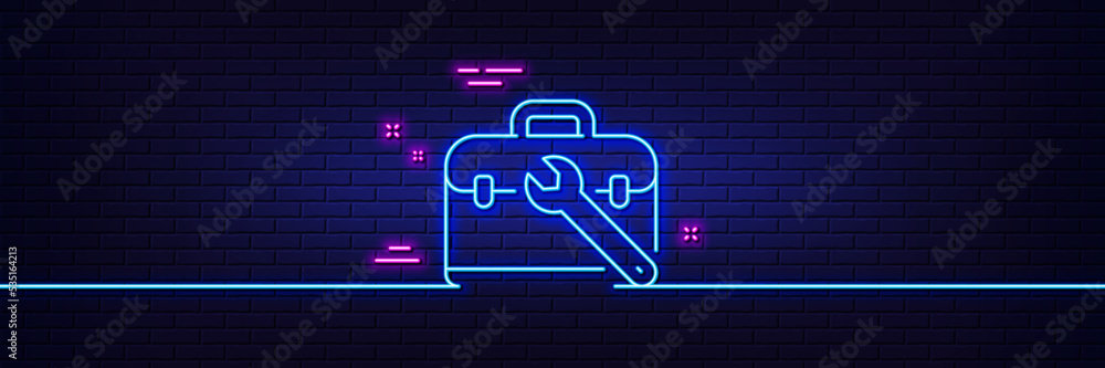 Poster neon light glow effect. spanner tool line icon. repair tool case sign. fix instruments symbol. 3d li