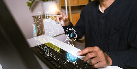 Hand hold Business brainstorm Ai financial analysis graph economic growth big data tech dashboard technology digital global network marketing connection metaverse 3D virtual analysis screen Concept