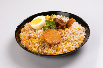 Kachchi Biriyani, chicken biriyani, prawn biriyani, Dhaka style biriyani, plain polau cooked by aromatic rice or chinigura rice isolated on white background.