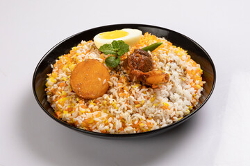 Kachchi Biriyani, chicken biriyani, prawn biriyani, Dhaka style biriyani, plain polau cooked by aromatic rice or chinigura rice isolated on white background.