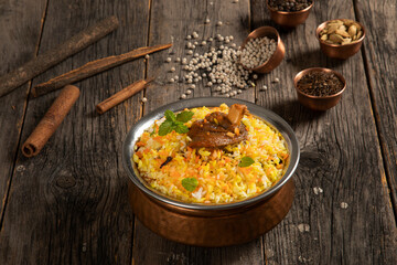 Kachchi Biriyani, chicken biriyani, prawn biriyani, Dhaka style biriyani, plain polau cooked by aromatic rice or chinigura rice isolated on white background.