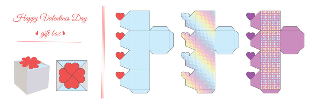 Scheme For Assembling A Simple Gift Box For Valentine's Day, Birthday. Do It Yourself. Pattern, Three Layout Vector Template, Box Packaging Design For Gluing, Die Cutting.