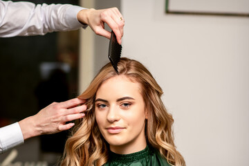 Fototapeta premium Hairdresser combing long hair of young caucasian woman looking at the camera and smiling in beauty salon