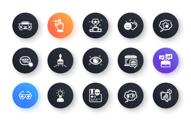 Minimal set of Business portfolio, Car and Brush flat icons for web development. Megaphone, Food market, Education icons. Health eye, Cyber attack, Ranking stars web elements. Winner cup. Vector