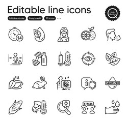 Set of Healthcare outline icons. Contains icons as Rubber gloves, Corn and Organic tested elements. Difficult stress, Thermometer, Animal tested web signs. Sick man, Orange, Dumbbell elements. Vector