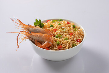 Bowl of noodles on white background