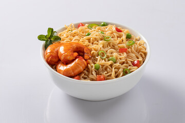 Bowl of noodles on white background