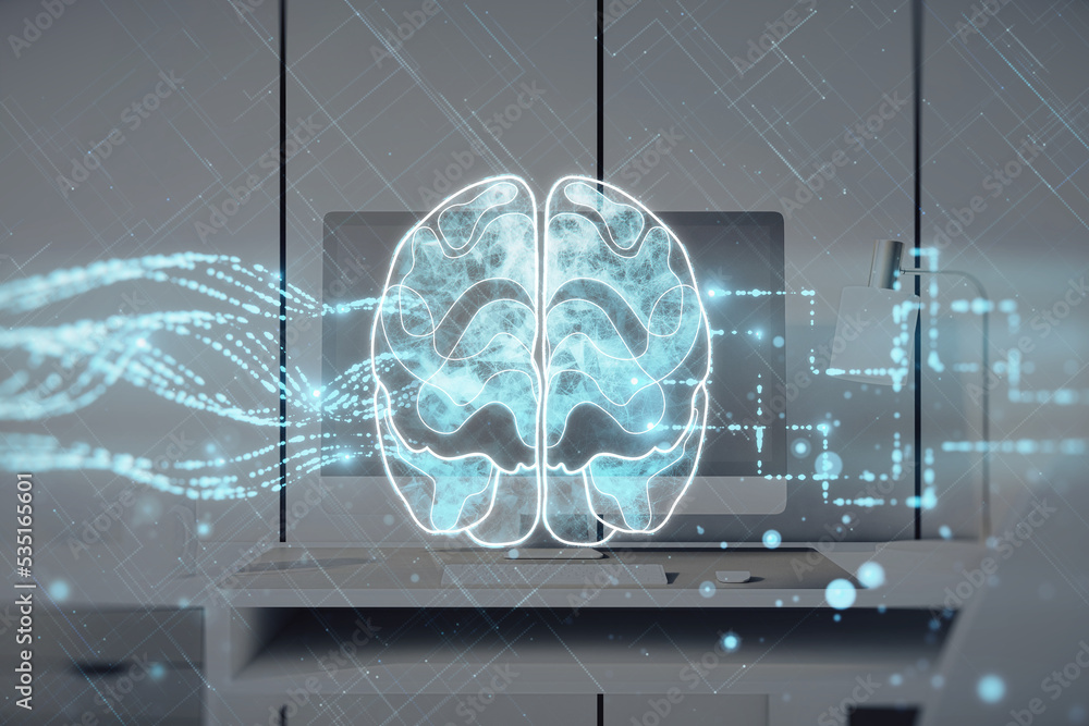 Poster creative glowing brain hologram on blurry office workplace with computer backdrop. neurology researc