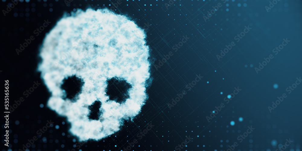 Poster Abstract digital cloud skull on blue background with mock up place. Scary image and disaster concept. 3D Rendering.