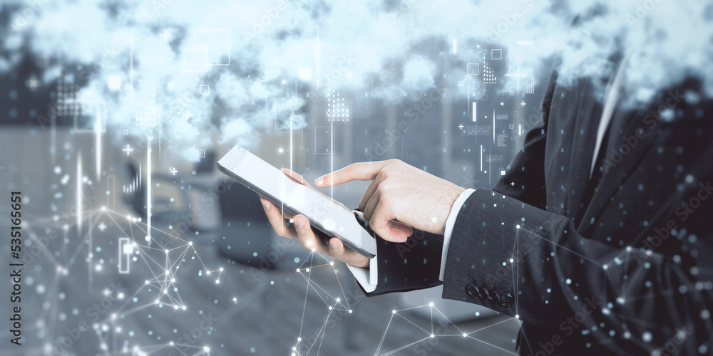 Poster close up of businessman using tablet or smartphone with creative cloud data icons on blurry office i