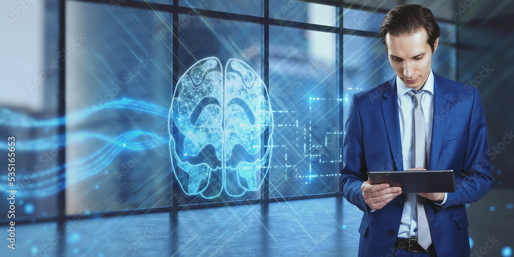 Poster businessman using tablet with creative glowing brain hologram in office with window and blurry city 