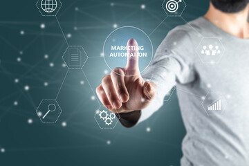 Marketing automation and icons on virtual screen.