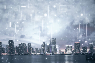 Fototapeta premium Creative image of blurry cloud data icons on city background. Cloud computing, big data, technology and database concept. Double exposure.