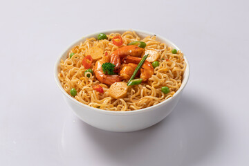 Bowl of noodles on white background