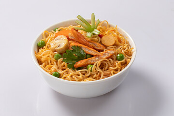 Bowl of noodles on white background