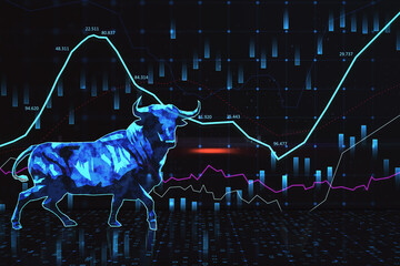 Bullish and upward trend concept with digital blue bull symbol on dark background with stock market graphs, diagram, and indicators. 3D rendering