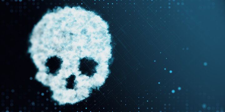 Abstract digital cloud skull on blue background with mock up place. Scary image and disaster concept. 3D Rendering.
