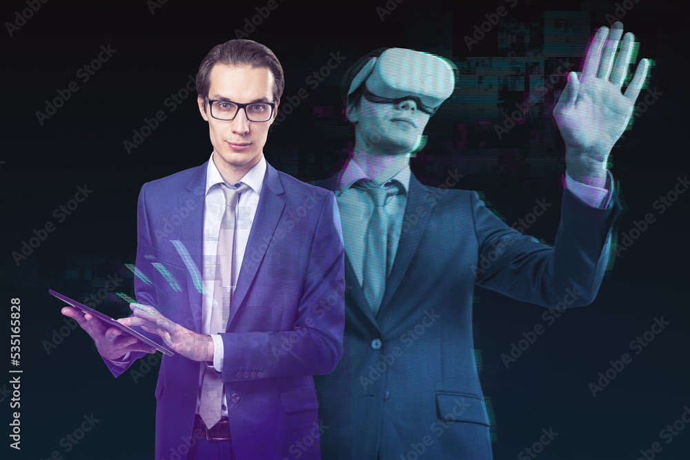 Aufkleber abstract dual image of attractive businessman with tablet and vr glasses silhouette on dark backgrou