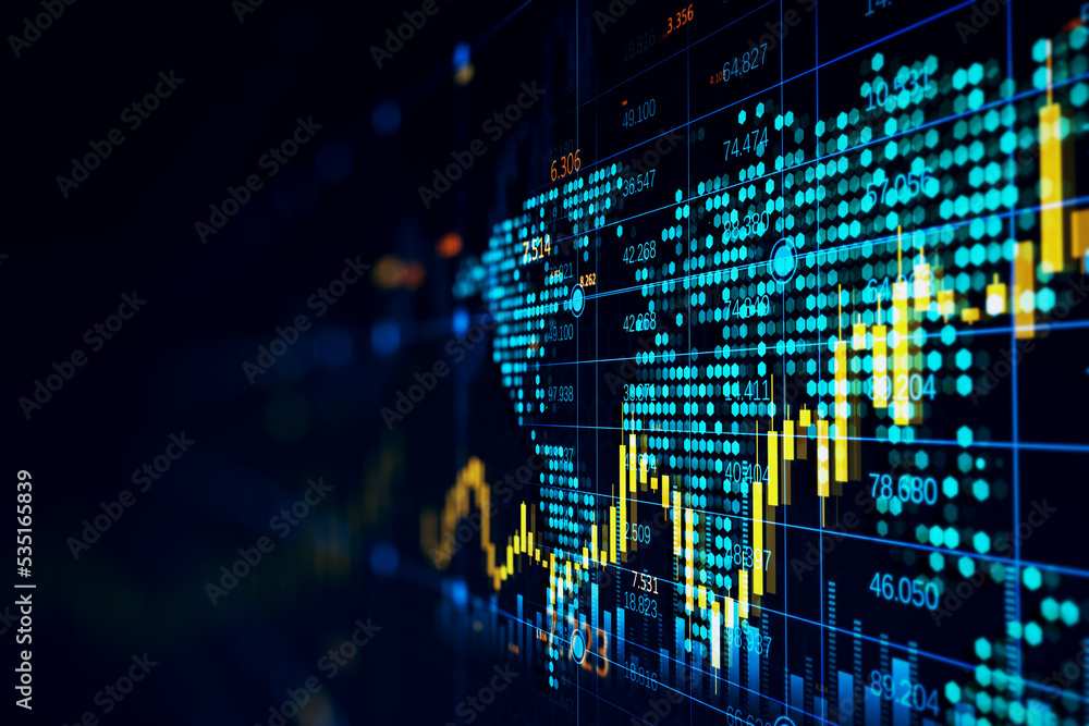 Poster Creative forex chart with hexagonal map, candlestick graph, index and tech hologram on dark background with mock up place. Trade, stock, and finance concept. 3D Rendering.
