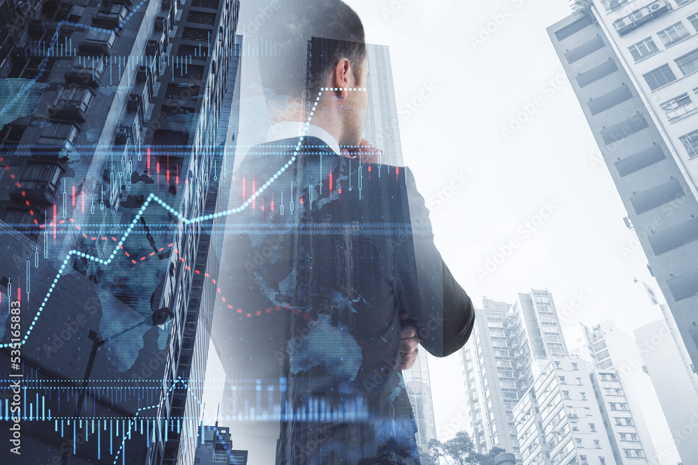 Poster businessman with creative forex chart with candlestick graph, index and tech hologram on blurry whit