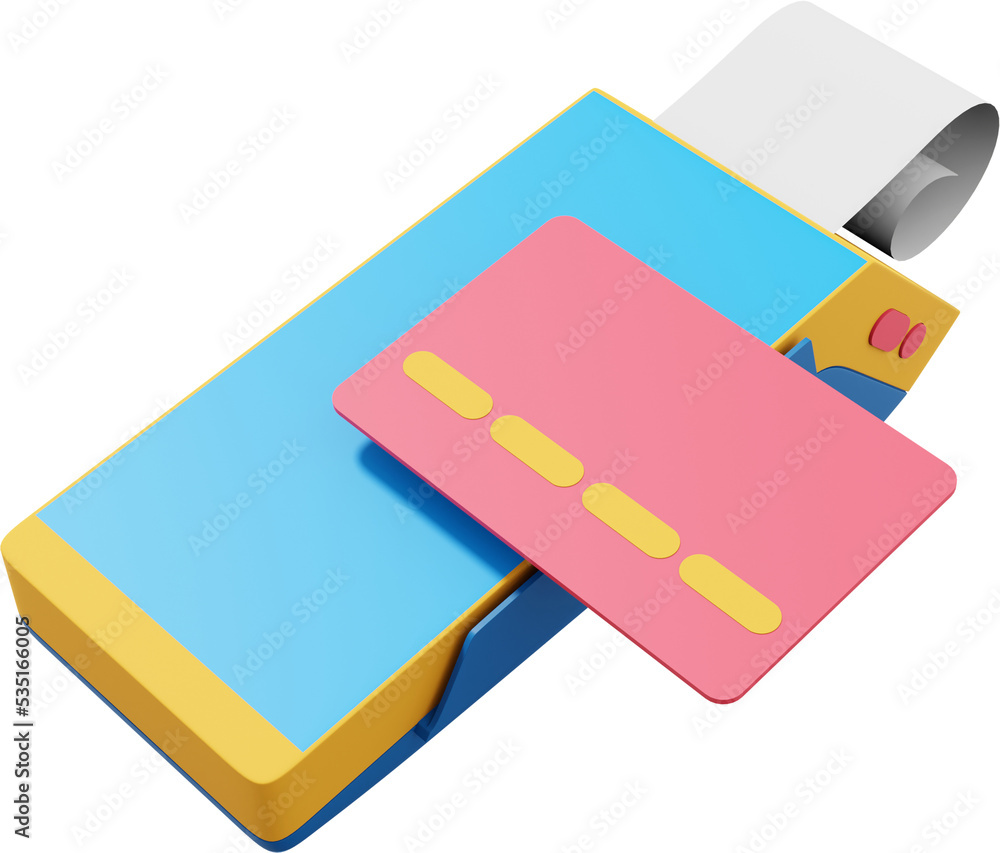 Aufkleber payment machine. nfc pos terminal gprs point with paper receipt and a credit card. mockup screen. pn