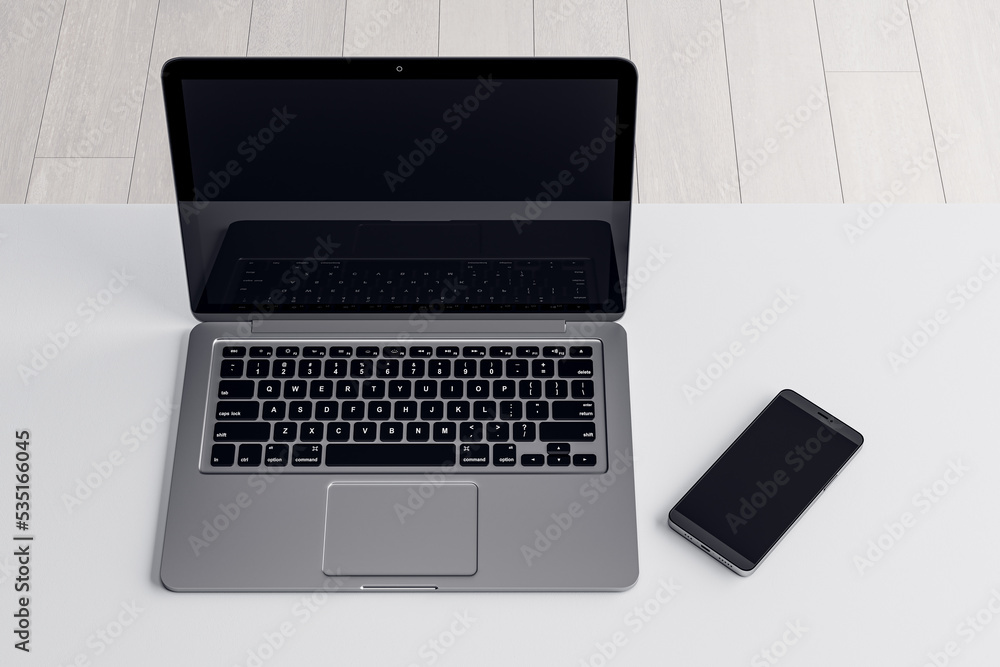 Poster close up of empty laptop and phone on light desktop, mock up place on screen, wooden parquet floorin