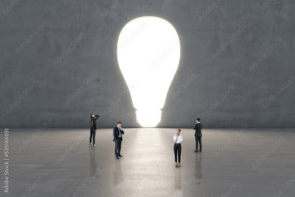 Poster creative idea and brainstorm concept with pensive men and women in the center of empty hall with glo