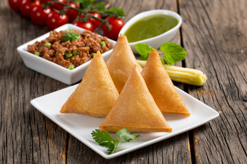 Fried indian dish samosha.Indian Delicious Deep Fried Breakfast Samosa Also Know as Samoosa isolated on Wooden texture Background