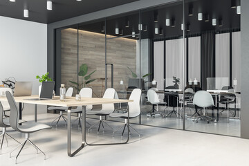 Fototapeta na wymiar Perspective view on stylish wooden conference table surrounded by white chairs in spacious office with glass partitions, white wall and light glossy floor. 3D rendering
