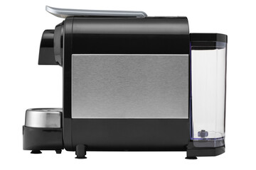 Black electric coffee machine with silver inserts, for making coffee from capsules, on a white background, side view, isolate