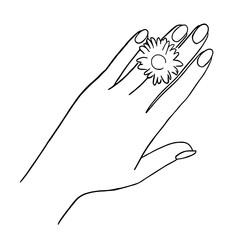 Line art minimal of hand holding flower in hand drawn concept for decoration, doodle contemporary style