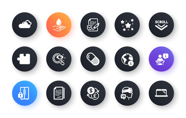 Minimal set of Puzzle, Refrigerator and Capsule pill flat icons for web development. Currency exchange, Augmented reality, Water care icons. Vision test, Internet, Stars web elements. Vector