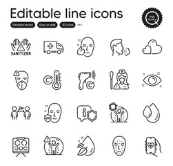Set of Medical outline icons. Contains icons as Social distancing, Social distance and Cough elements. Medical mask, Coronavirus protection, Care web signs. Shield, Face biometrics. Vector